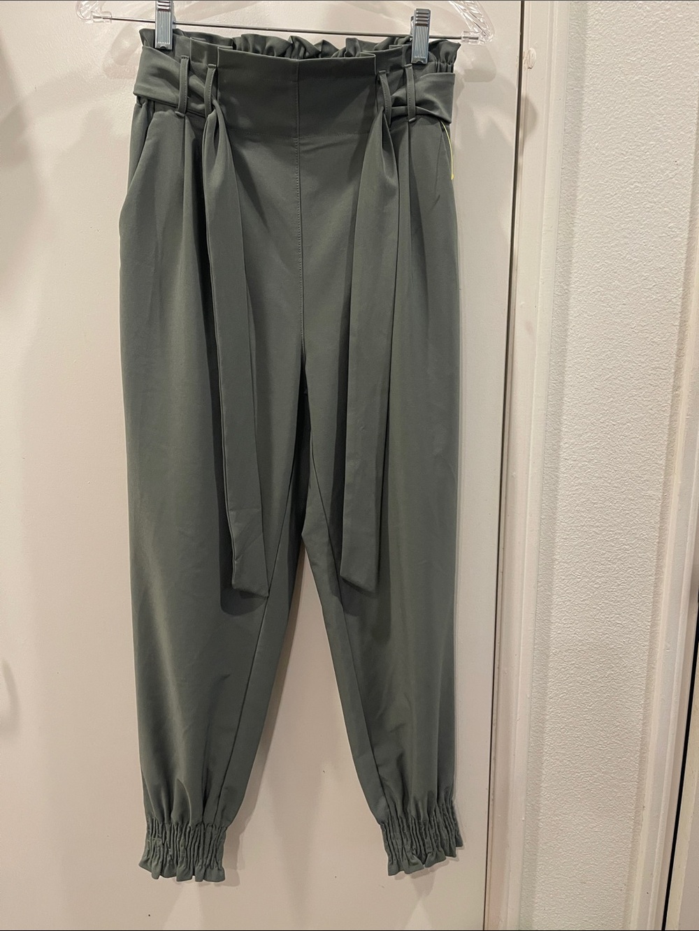 Grace Karin Olive Green Paperbag Waist Tie Jogger Pants